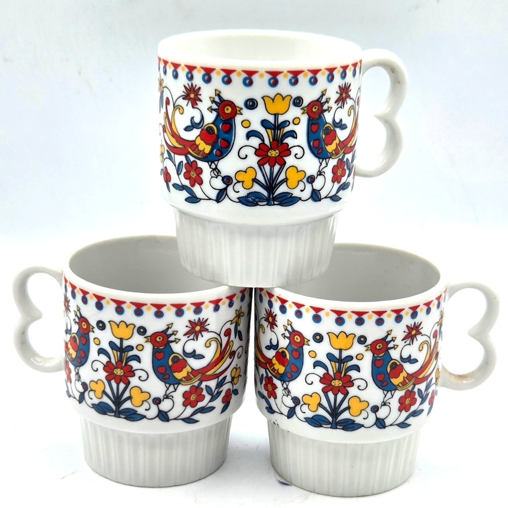 Vintage Folk Art Bird Coffee Mug Tea Cup Set Of 3 Made In Japan Ceramic RETRO
